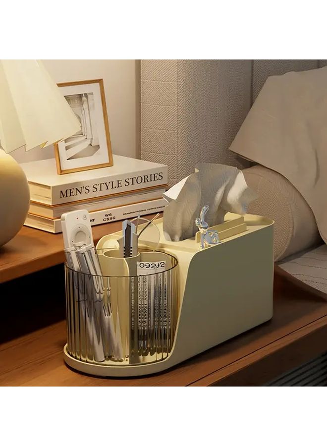 Beige Rotating Desktop Tissue Box With Phone Pen Storage Space Saving Office Home Accessory - Image 1
